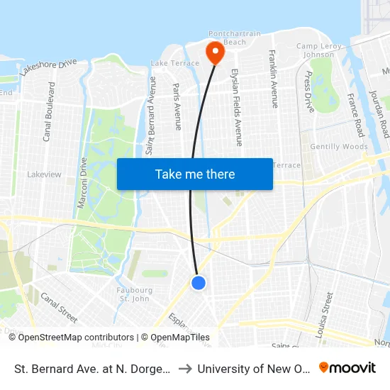 St. Bernard Ave. at N. Dorgenois St. to University of New Orleans map