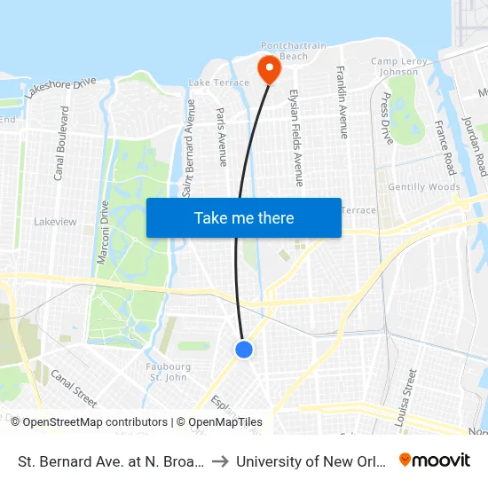 St. Bernard Ave. at N. Broad St. to University of New Orleans map