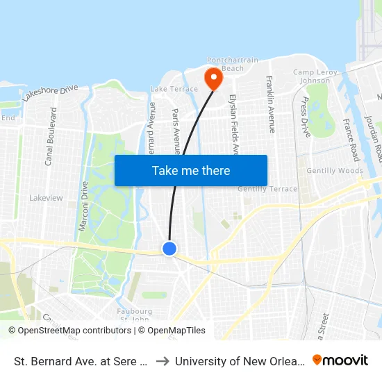 St. Bernard Ave. at Sere St. to University of New Orleans map