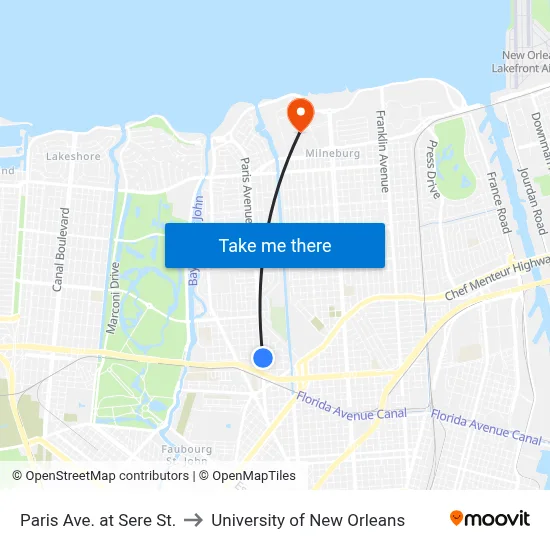 Paris Ave. at Sere St. to University of New Orleans map