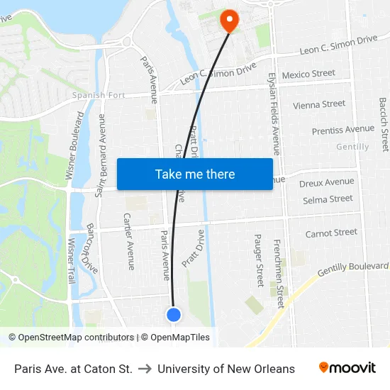 Paris Ave. at Caton St. to University of New Orleans map