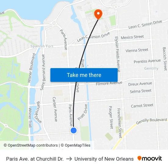 Paris Ave. at Churchill Dr. to University of New Orleans map