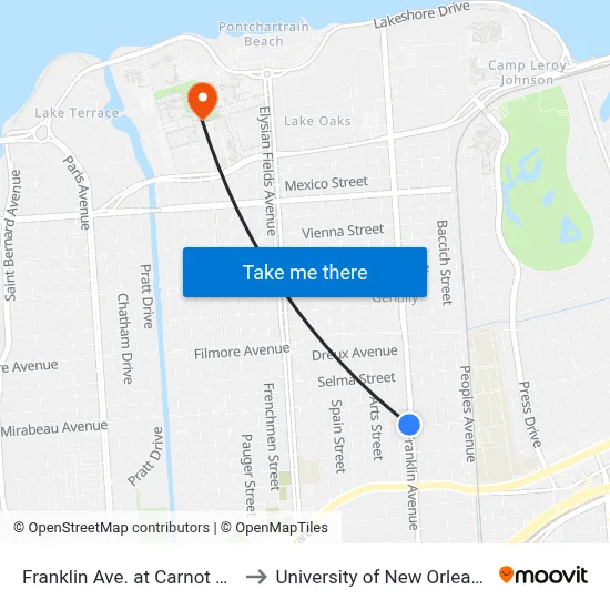 Franklin Ave. at Carnot St. to University of New Orleans map