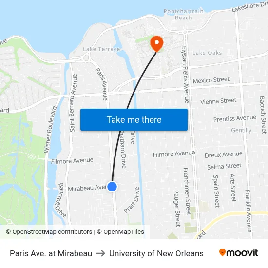 Paris Ave. at Mirabeau to University of New Orleans map