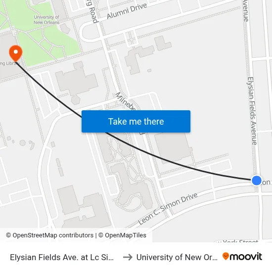 Elysian Fields Ave. at Lc Simon Dr. to University of New Orleans map