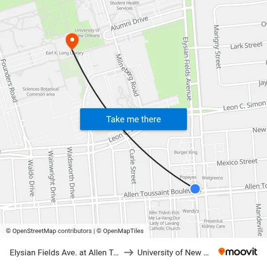 Elysian Fields Ave. at Allen Toussaint to University of New Orleans map