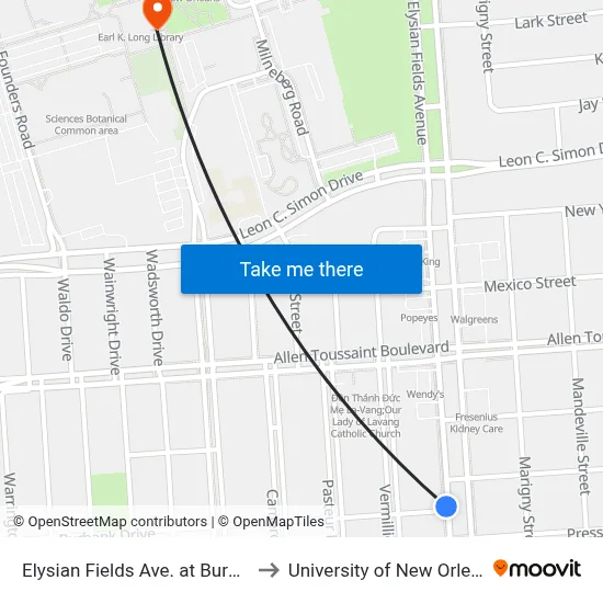 Elysian Fields Ave. at Burbank to University of New Orleans map