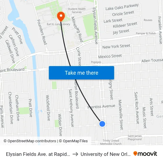 Elysian Fields Ave. at Rapides Dr. to University of New Orleans map