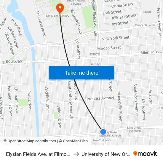 Elysian Fields Ave. at Filmore Ave. to University of New Orleans map
