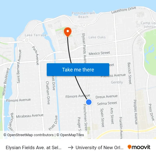 Elysian Fields Ave. at Selma St. to University of New Orleans map