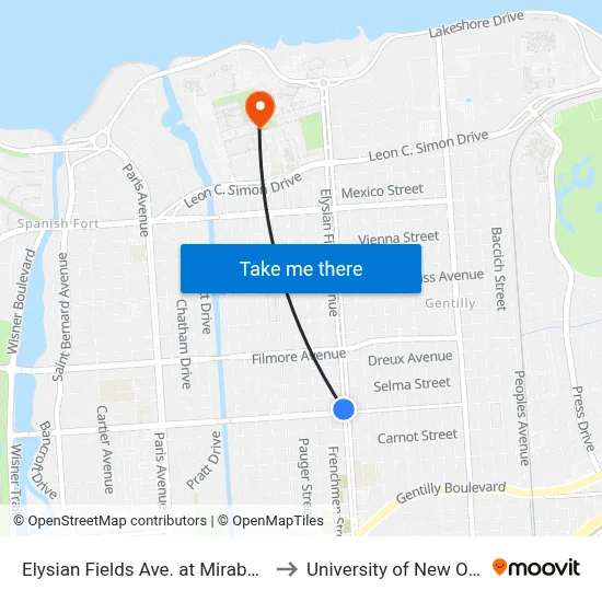 Elysian Fields Ave. at Mirabeau Ave. to University of New Orleans map