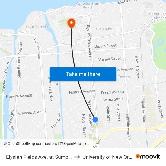 Elysian Fields Ave. at Sumpter St. to University of New Orleans map