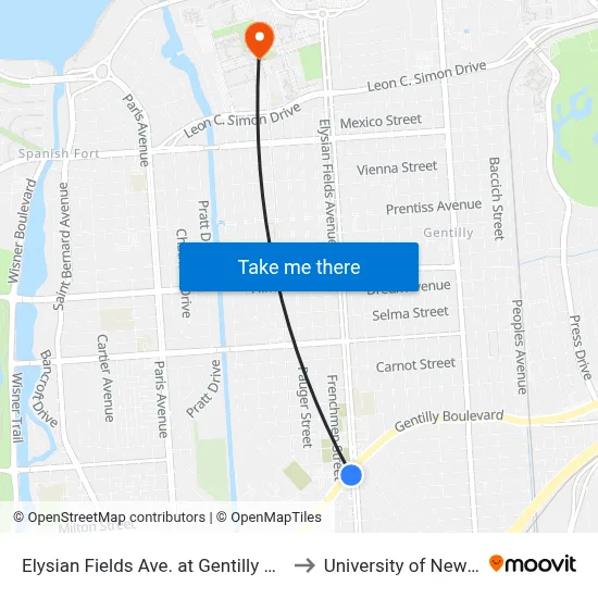 Elysian Fields Ave. at Gentilly Ave. (Farside) to University of New Orleans map