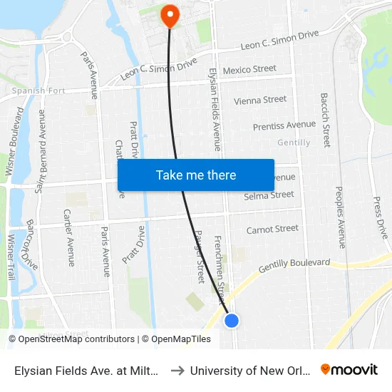 Elysian Fields Ave. at Milton St. to University of New Orleans map
