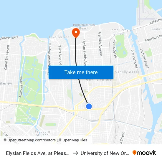 Elysian Fields Ave. at Pleasure St. to University of New Orleans map