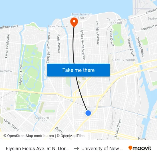 Elysian Fields Ave. at N. Dorgenois St. to University of New Orleans map