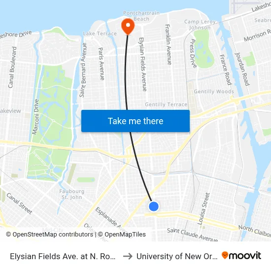 Elysian Fields Ave. at N. Roman St. to University of New Orleans map