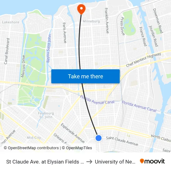 St Claude Ave. at Elysian Fields Ave. (Nearside) to University of New Orleans map