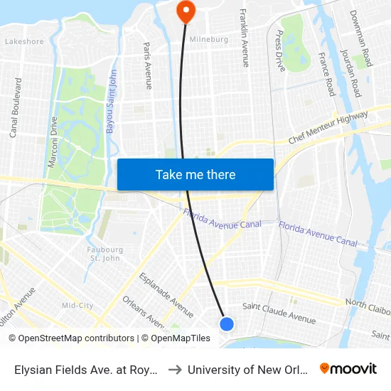 Elysian Fields Ave. at Royal St. to University of New Orleans map