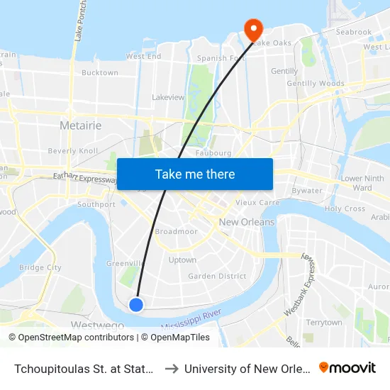 Tchoupitoulas St. at State St. to University of New Orleans map