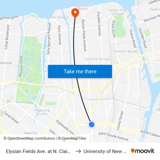Elysian Fields Ave. at N. Claiborne Ave. to University of New Orleans map