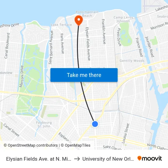 Elysian Fields Ave. at N. Miro St. to University of New Orleans map