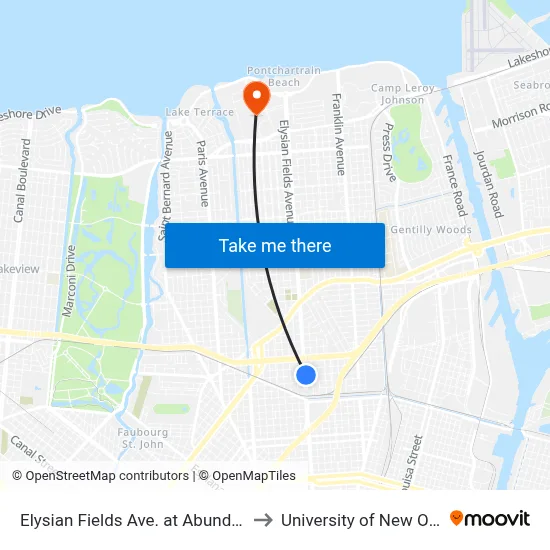 Elysian Fields Ave. at Abundance St. to University of New Orleans map