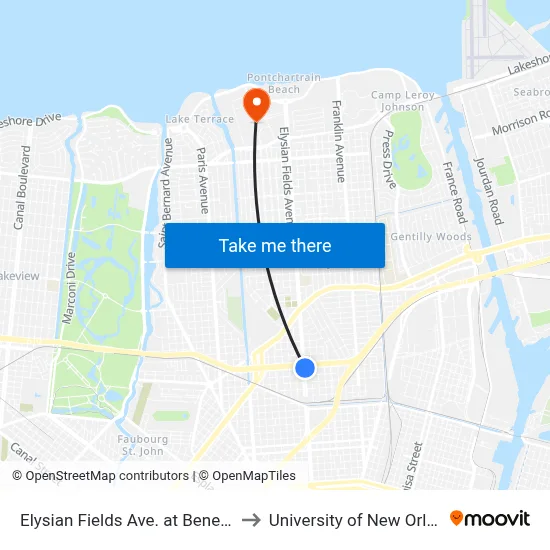 Elysian Fields Ave. at Benefit St. to University of New Orleans map