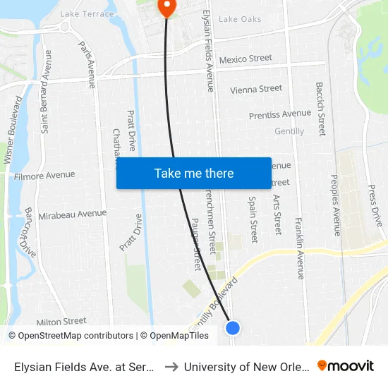 Elysian Fields Ave. at Sere St. to University of New Orleans map