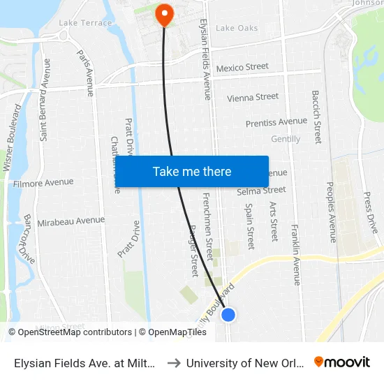 Elysian Fields Ave. at Milton St. to University of New Orleans map
