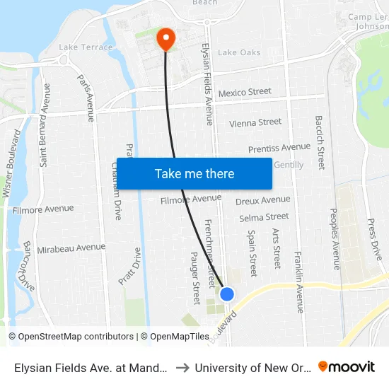 Elysian Fields Ave. at Mandolin St. to University of New Orleans map