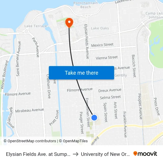 Elysian Fields Ave. at Sumpter St. to University of New Orleans map