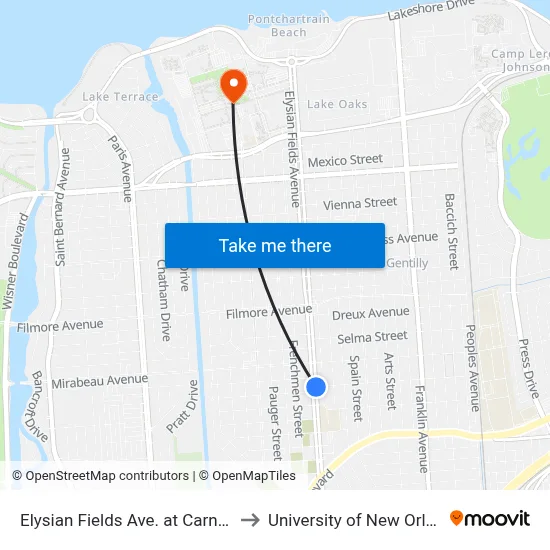 Elysian Fields Ave. at Carnot St. to University of New Orleans map