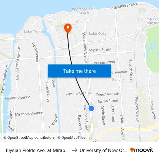 Elysian Fields Ave. at Mirabeau St. to University of New Orleans map