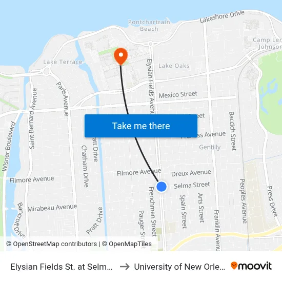 Elysian Fields St. at Selma St. to University of New Orleans map