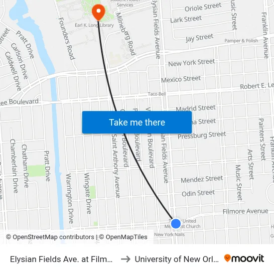 Elysian Fields Ave. at Filmore St. to University of New Orleans map