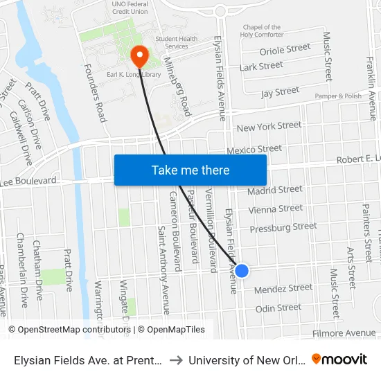 Elysian Fields Ave. at Prentiss St. to University of New Orleans map