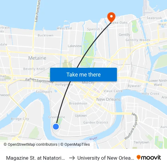 Magazine St. at Natatorium to University of New Orleans map