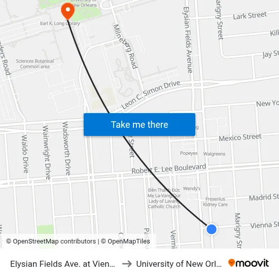 Elysian Fields Ave. at Vienna St. to University of New Orleans map