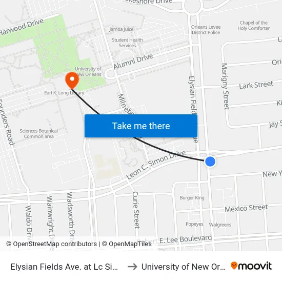 Elysian Fields Ave. at Lc Simon Dr. to University of New Orleans map