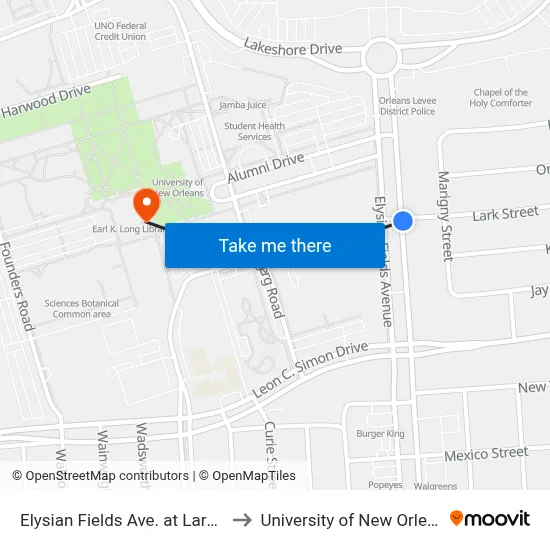 Elysian Fields Ave. at Lark St. to University of New Orleans map