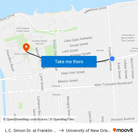 L.C. Simon Dr. at Franklin Ave. to University of New Orleans map