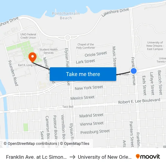 Franklin Ave. at Lc Simon Dr. to University of New Orleans map