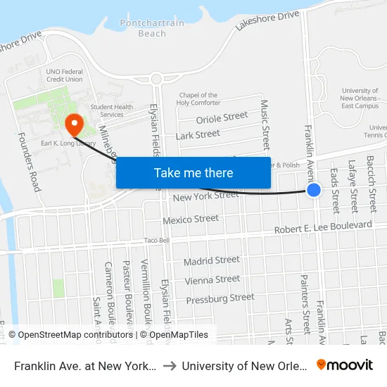 Franklin Ave. at New York St. to University of New Orleans map