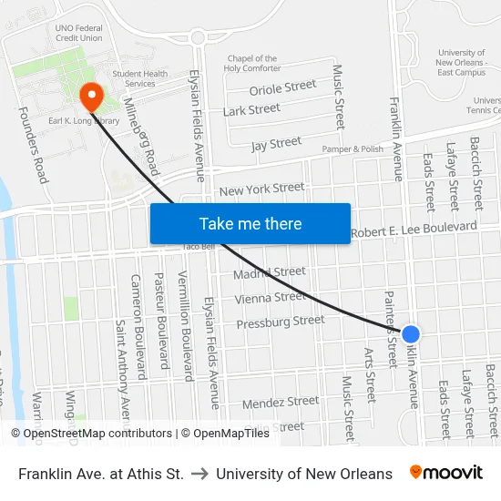 Franklin Ave. at Athis St. to University of New Orleans map