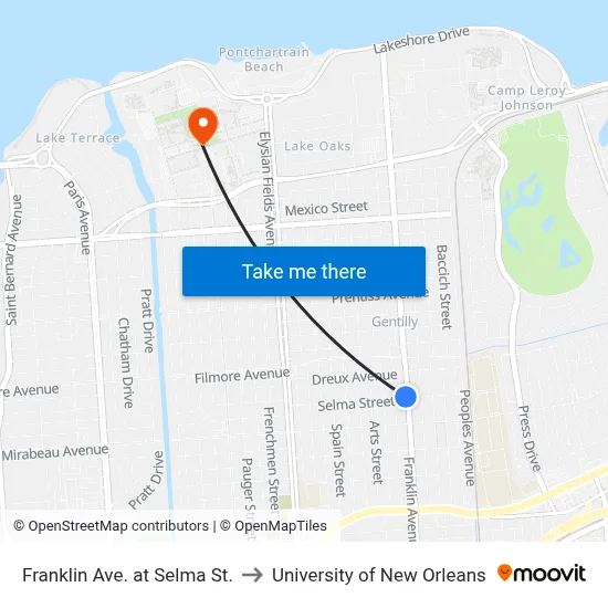 Franklin Ave. at Selma St. to University of New Orleans map