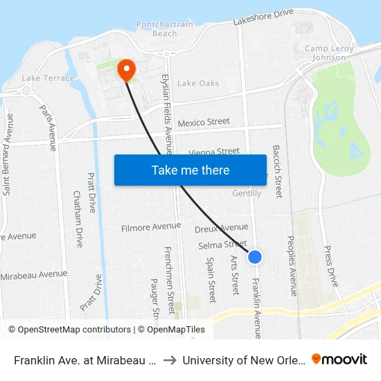 Franklin Ave. at Mirabeau Ave. to University of New Orleans map