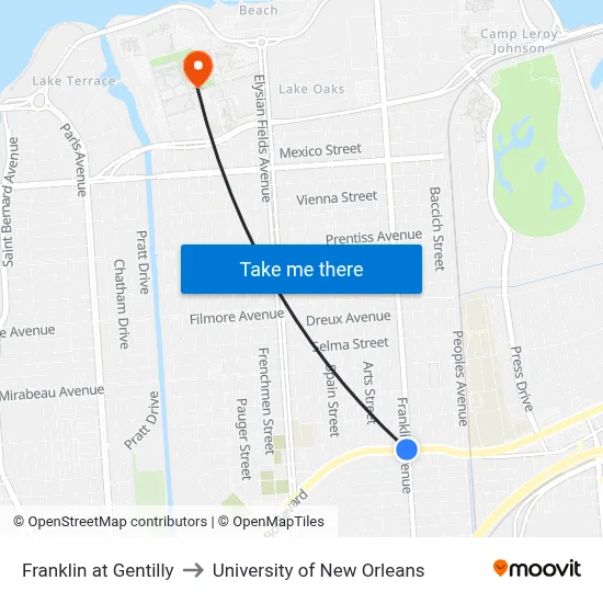 Franklin at Gentilly to University of New Orleans map