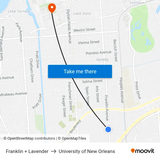 Franklin + Lavender to University of New Orleans map