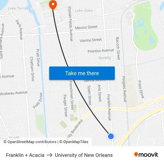 Franklin + Acacia to University of New Orleans map